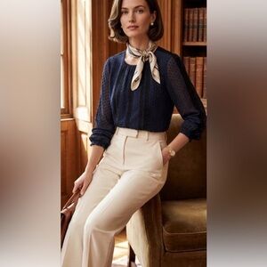 J Crew Top Womens Size 4 Blue Blouse Sheer Sleeve Swiss Clip Dot